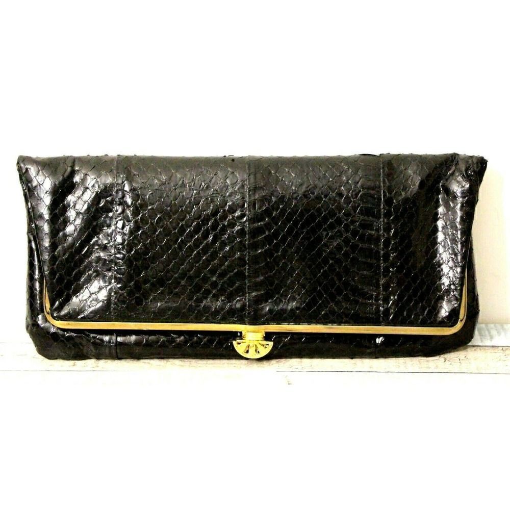 Sz 4.5"x9.5" VTG Ambassador Original BLACK SNAKE SKIN FOLDED FRAME CLUTCH WALLET